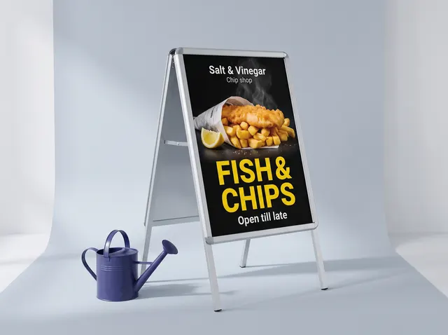 A silver A-frame pavement sign with a Fish & Chips poster