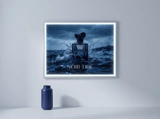 A Noir Tide perfume poster glowing in an LED lightbox frame