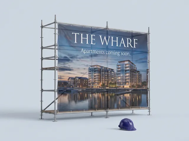 Scaffolding wrapped in a printed mesh for The Wharf apartments at dusk