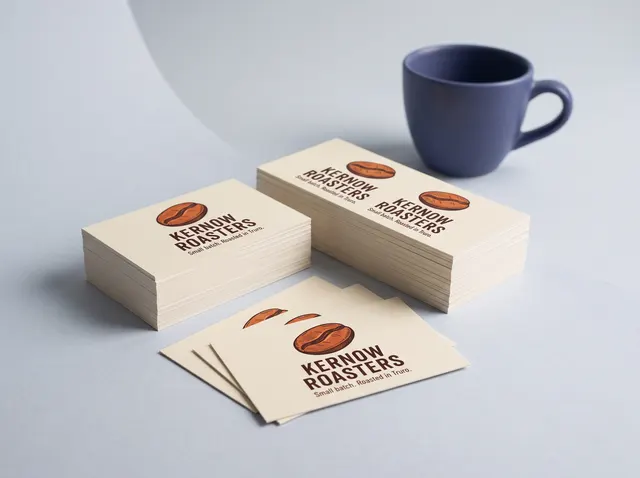 Cream Kernow Roasters business cards on uncoated board, printed with a coffee bean logo