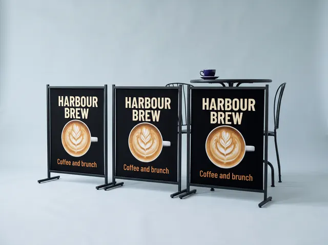 Three Harbour Brew café barriers showing latte art on black powder-coated frames, in front of a café table