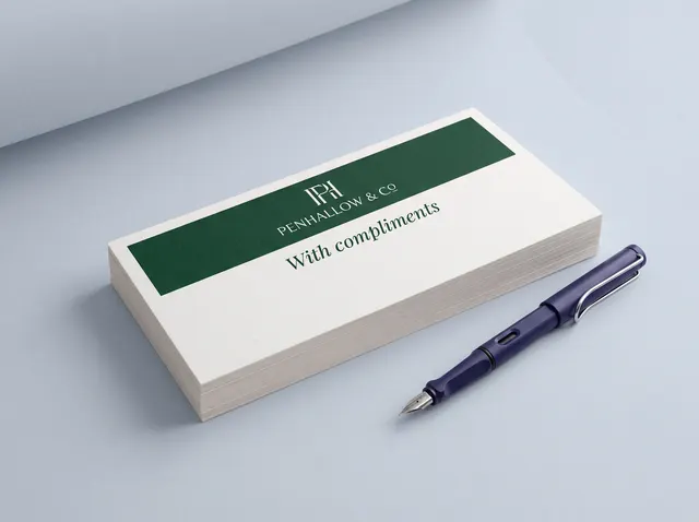 Penhallow & Co compliment slips with a forest-green band, beside a fountain pen