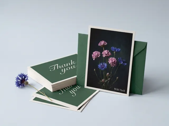 Wild Thrift correspondence cards with dark floral photography and a green thank-you card