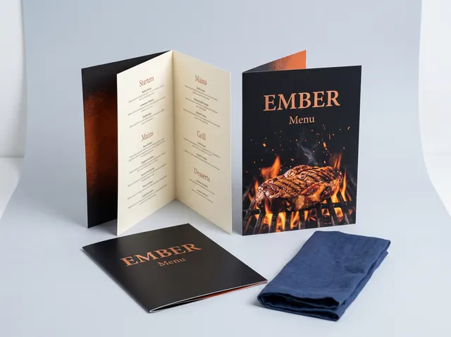 Ember restaurant menus on thick card, one standing open, with a steak over flames on the cover
