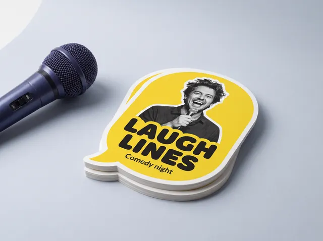 Yellow Laugh Lines flyers cut in the shape of a speech bubble