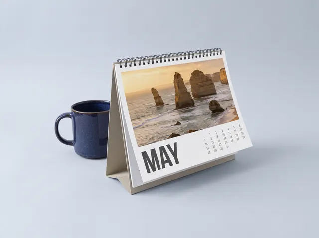 A desk calendar on its stand showing sea stacks at sunset above May