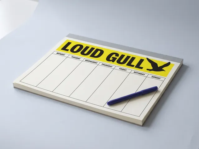 An A3 Loud Gull desk pad with a yellow header and a weekly planner grid