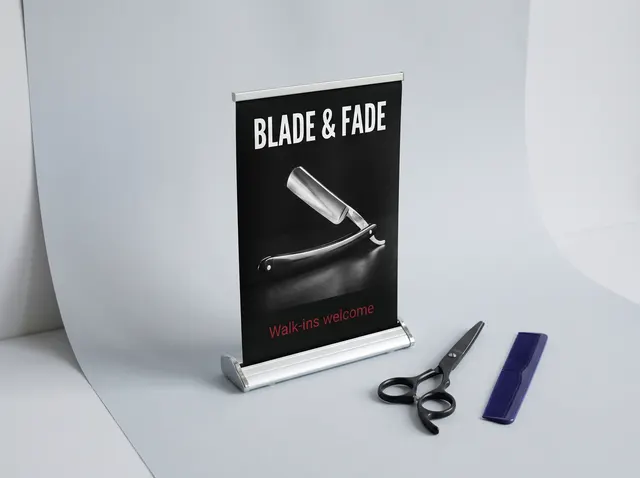 A small Blade & Fade desktop roller banner with a straight razor, beside barber scissors