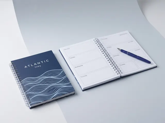 Navy Atlantic diaries with a gold wave pattern, one open at a week-to-view spread