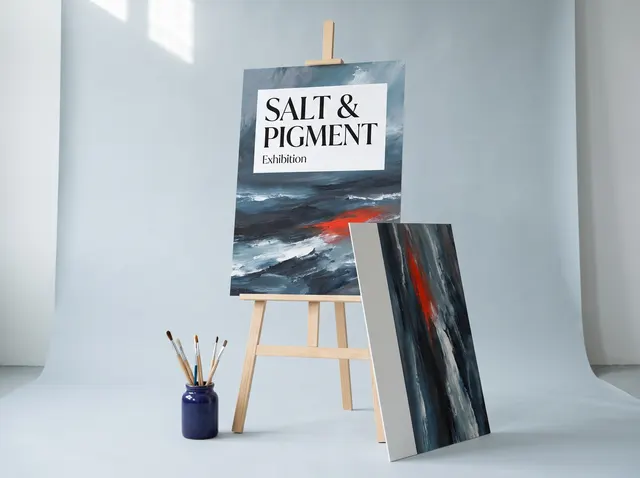 A Salt & Pigment exhibition display board on an easel, showing a stormy sea painting