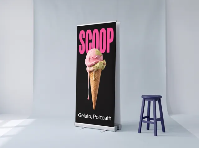 A Scoop gelato double-sided roller banner on its slim twin cassette, printed on both faces
