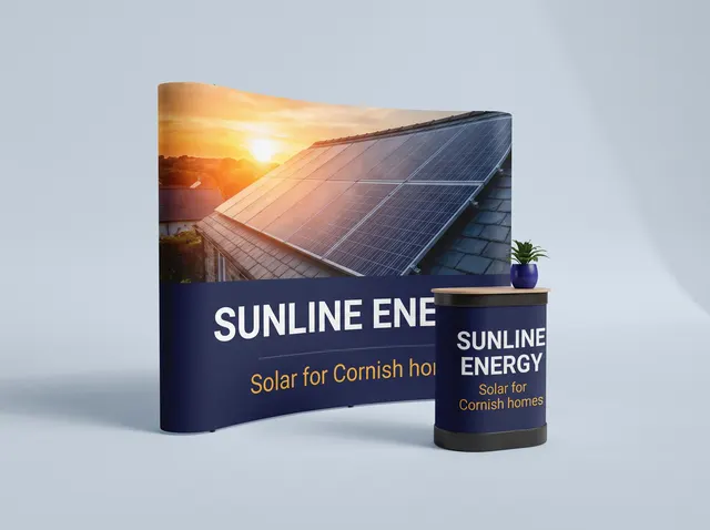 A Sunline Energy fabric pop-up backdrop and podium with solar panels at sunset