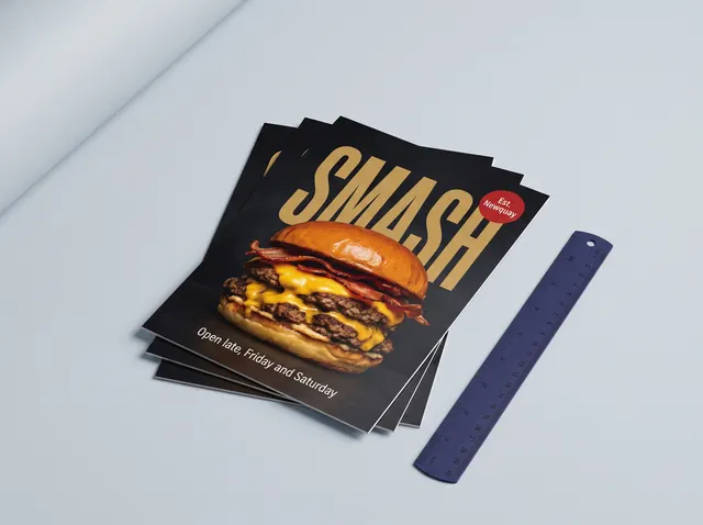 A5 Smash Shack flyers showing a towering cheeseburger in front of huge gold lettering