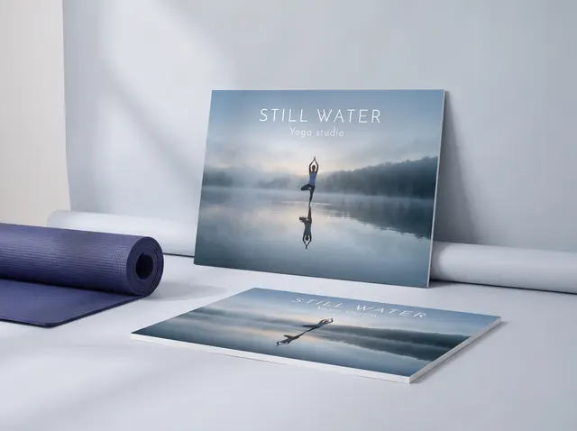 A Still Water yoga foam sign with a misty lake photo and chrome fixings