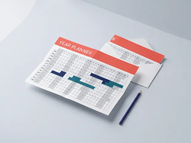 A year planner folded to A4, partly opened, beside a copy in an envelope