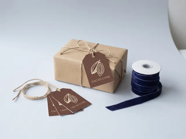 Brown Cacao Cove gift tags with string, one tied to a kraft-wrapped box