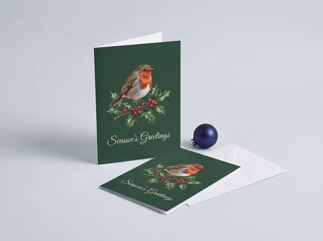 Green Season’s Greetings cards with a gold robin, beside a red envelope