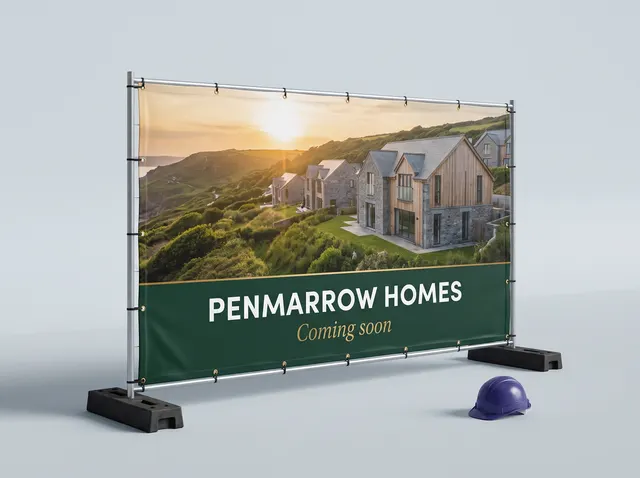 A Heras fence panel in a Penmarrow Homes cover showing new houses at golden hour