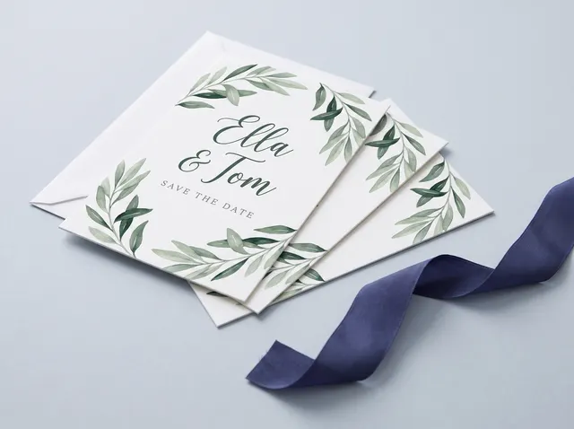 Black Ella & Tom save the date invitations with gold foil olive branches