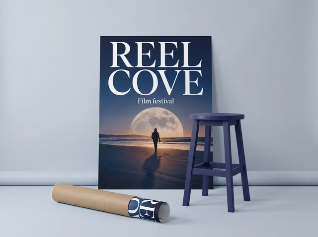 A towering Reel Cove film festival poster beside a stool, with a rolled copy in a tube