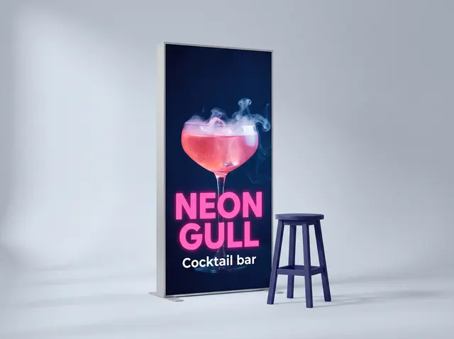 A glowing Neon Gull lightbox showing a pink cocktail on midnight blue