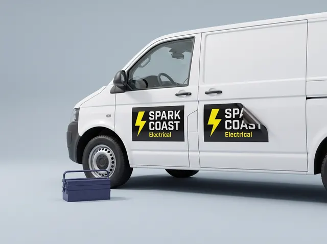 Spark Coast Electrical magnetic signs on a white van door, one peeled back at the corner