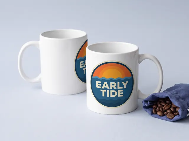Two white Early Tide mugs printed all the way round with an orange sun over blue waves