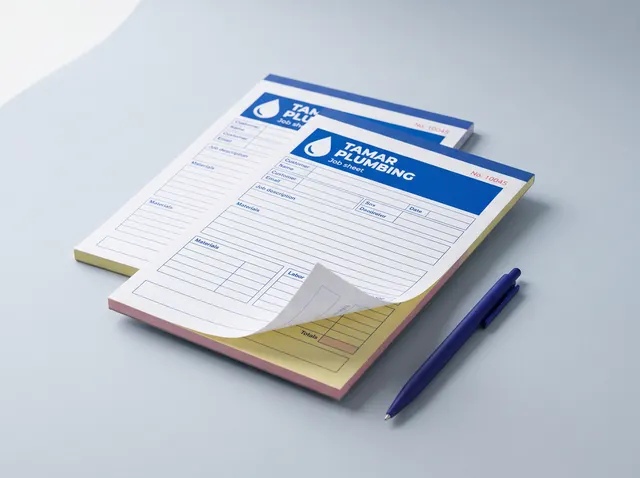 Tamar Plumbing job sheet NCR pads with the white sheet lifted to show the yellow and pink copies