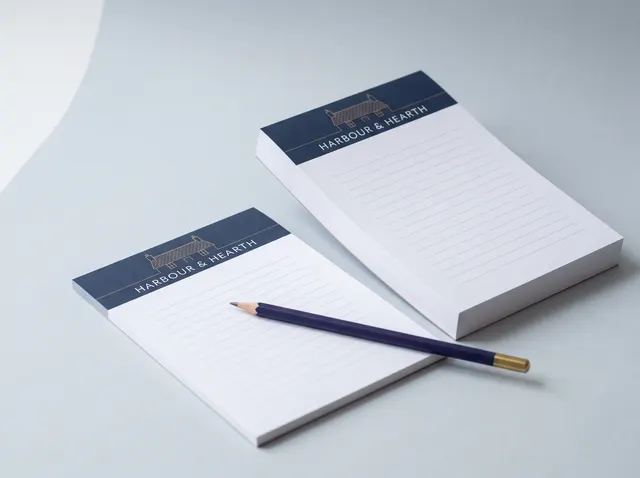Harbour & Hearth notepads with a navy header, one with a pencil across it