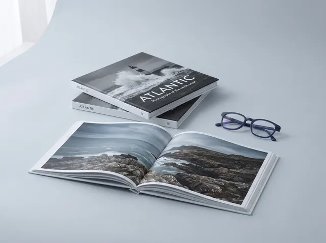 Atlantic photo books with square glued spines, one open at a sea spread