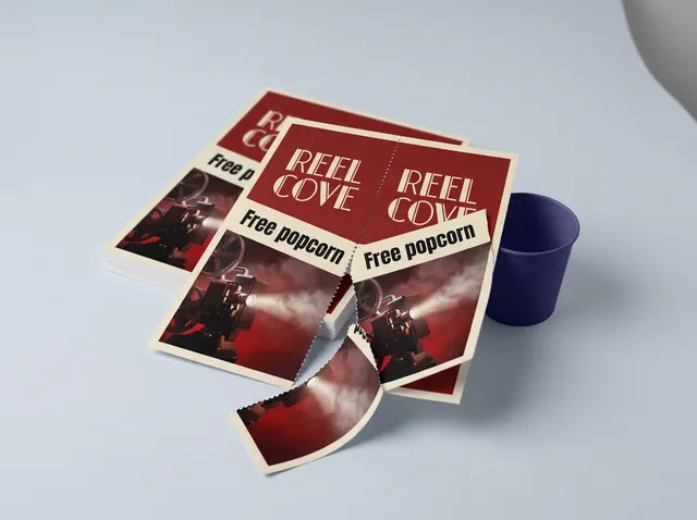 Red Reel Cove cinema flyers with a tear-off free popcorn voucher