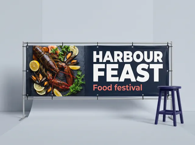 A Harbour Feast PVC banner with a seafood platter, tied through its eyelets to a frame