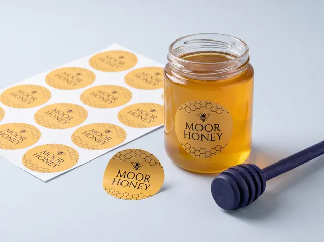 Moor Honey labels on honey jars, beside a roll and a sheet of labels