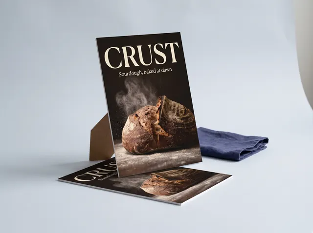 A Crust bakery strut card standing up, showing a torn sourdough loaf
