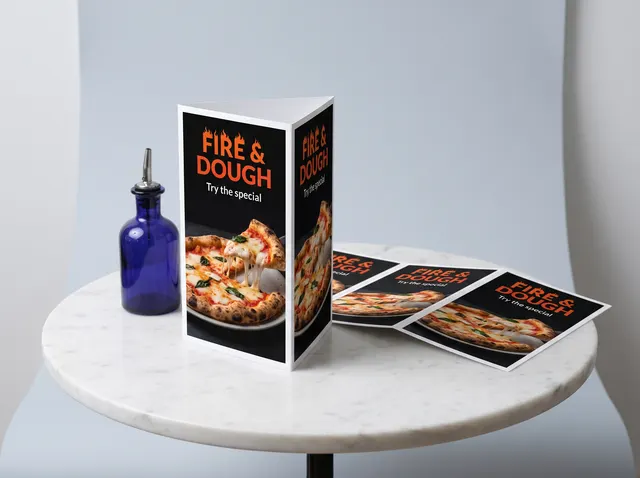 A Fire & Dough table talker showing wood-fired pizza on a marble café table