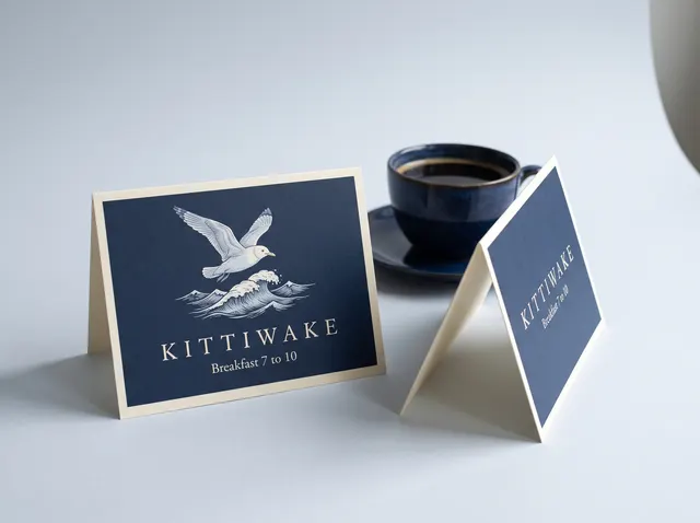 Navy Kittiwake hotel tent cards with a gold kittiwake, beside a coffee cup