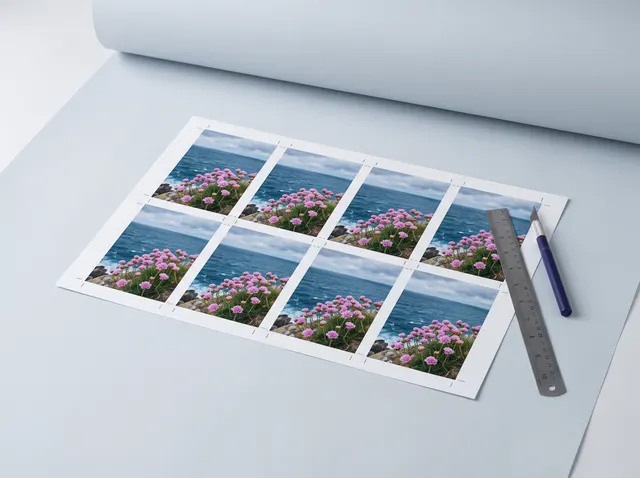 An untrimmed SRA3 sheet of eight sea-thrift postcards with crop marks, a ruler and a knife