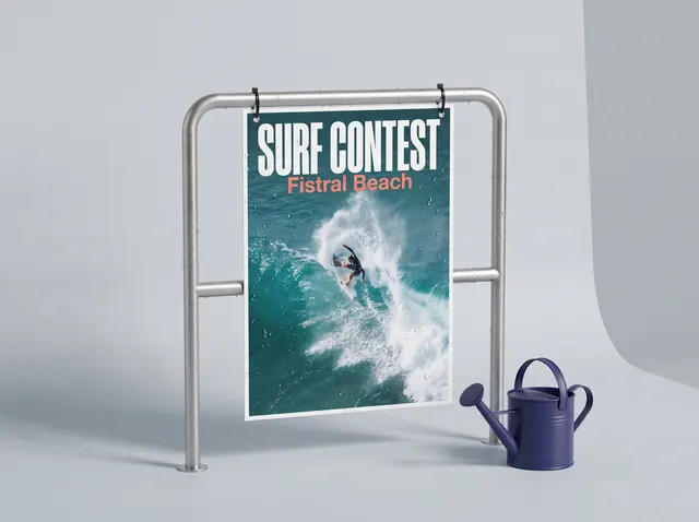 A Surf Contest poster on waterproof PVC, tied to a metal railing