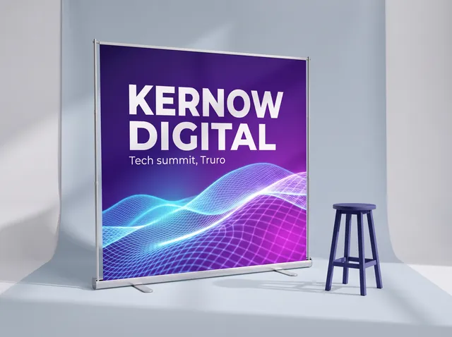 A wide Kernow Digital roller banner with a glowing violet wave, on a cassette with swing-out feet and two support poles