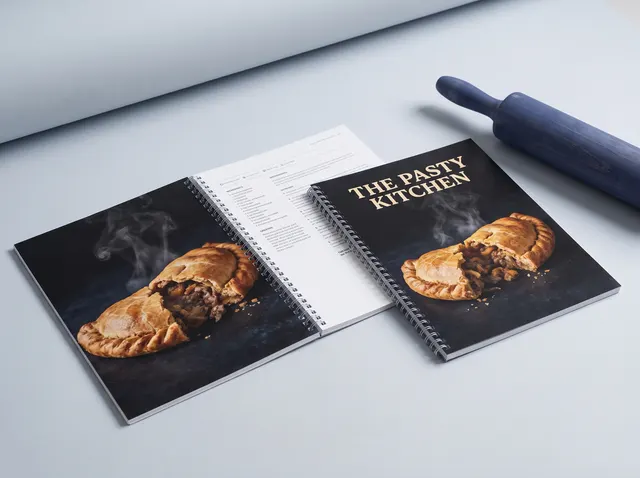 The Pasty Kitchen wire-bound booklets, one lying open flat