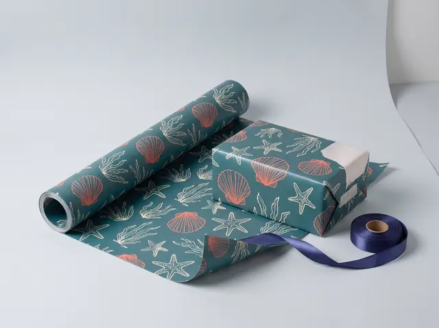 Teal wrapping paper with gold seashells, partly wrapped round a gift box
